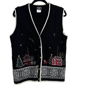 Vintage90s Fair Isle Tartan Plaid Christmas Village Sweater Vest Black Size S